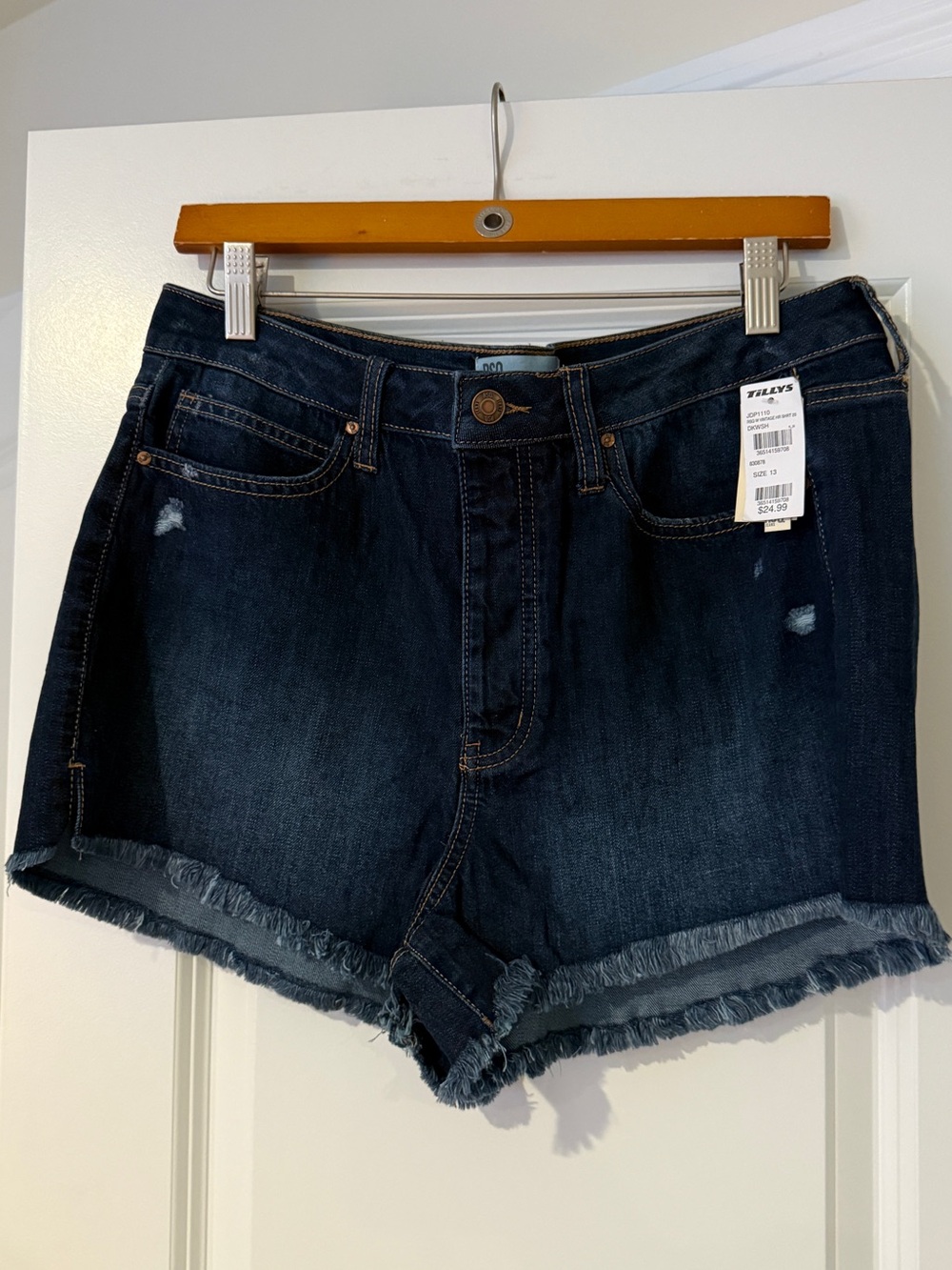 Tilly's Dark Blue Distressed Frayed Hem Jean Shorts